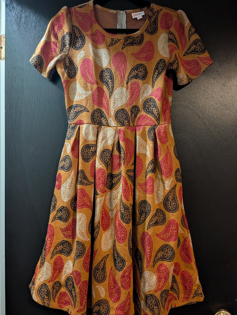LuLaRoe Mustard Paisley Dress with Pink & Black Accents